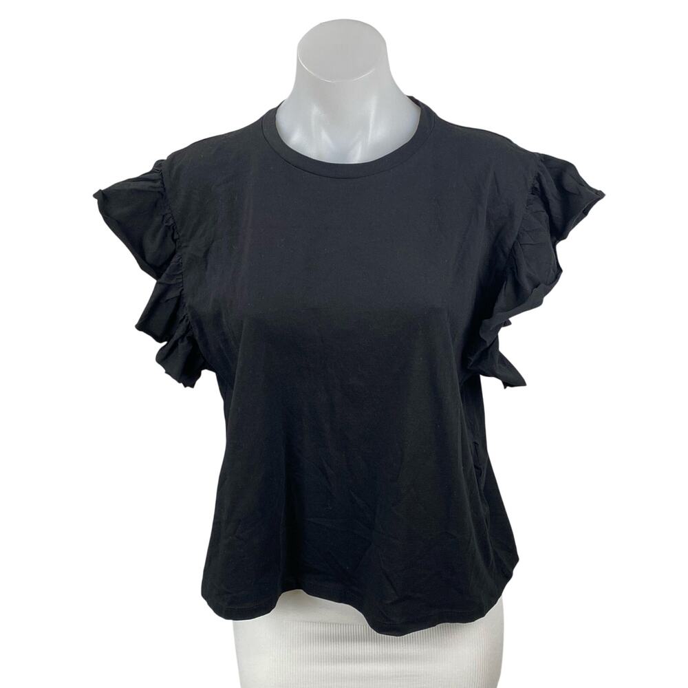 NEW Zara Women's Black Round Neck Ruffle Flutter Sleeve T-Shirt Blouse Top Sz M